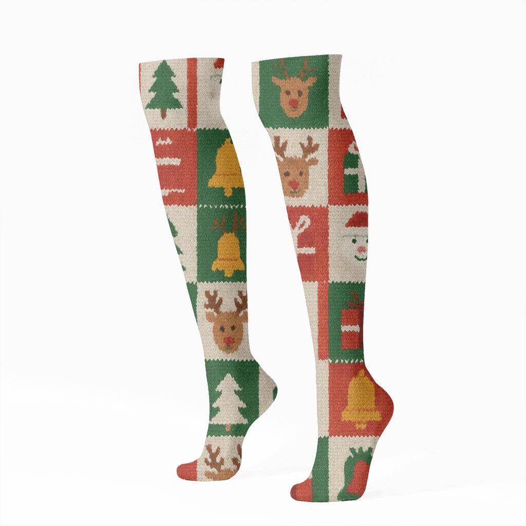 Ugly Sweater Icons Xmas Collage Grid comfortable cotton knee-high socks