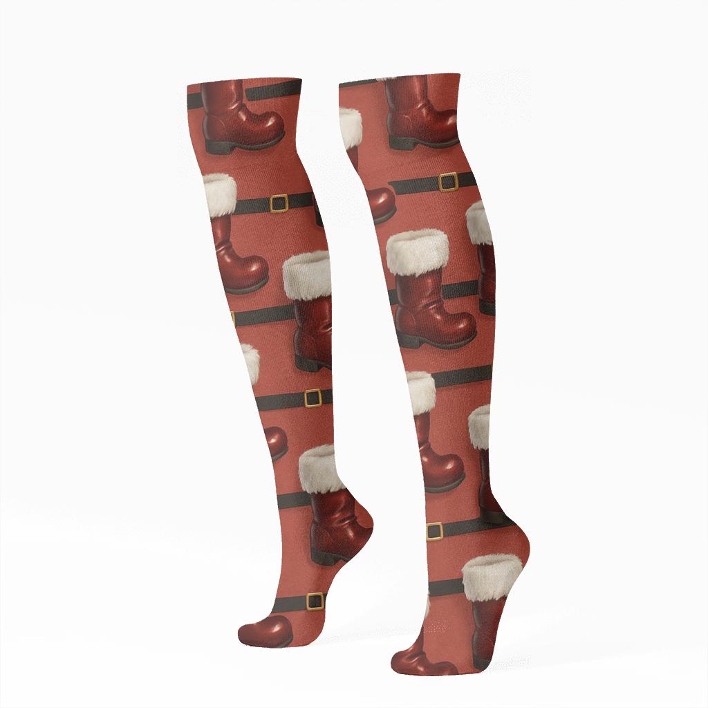 Crimson Boots With Santa Belt Stripes comfortable cotton knee-high socks