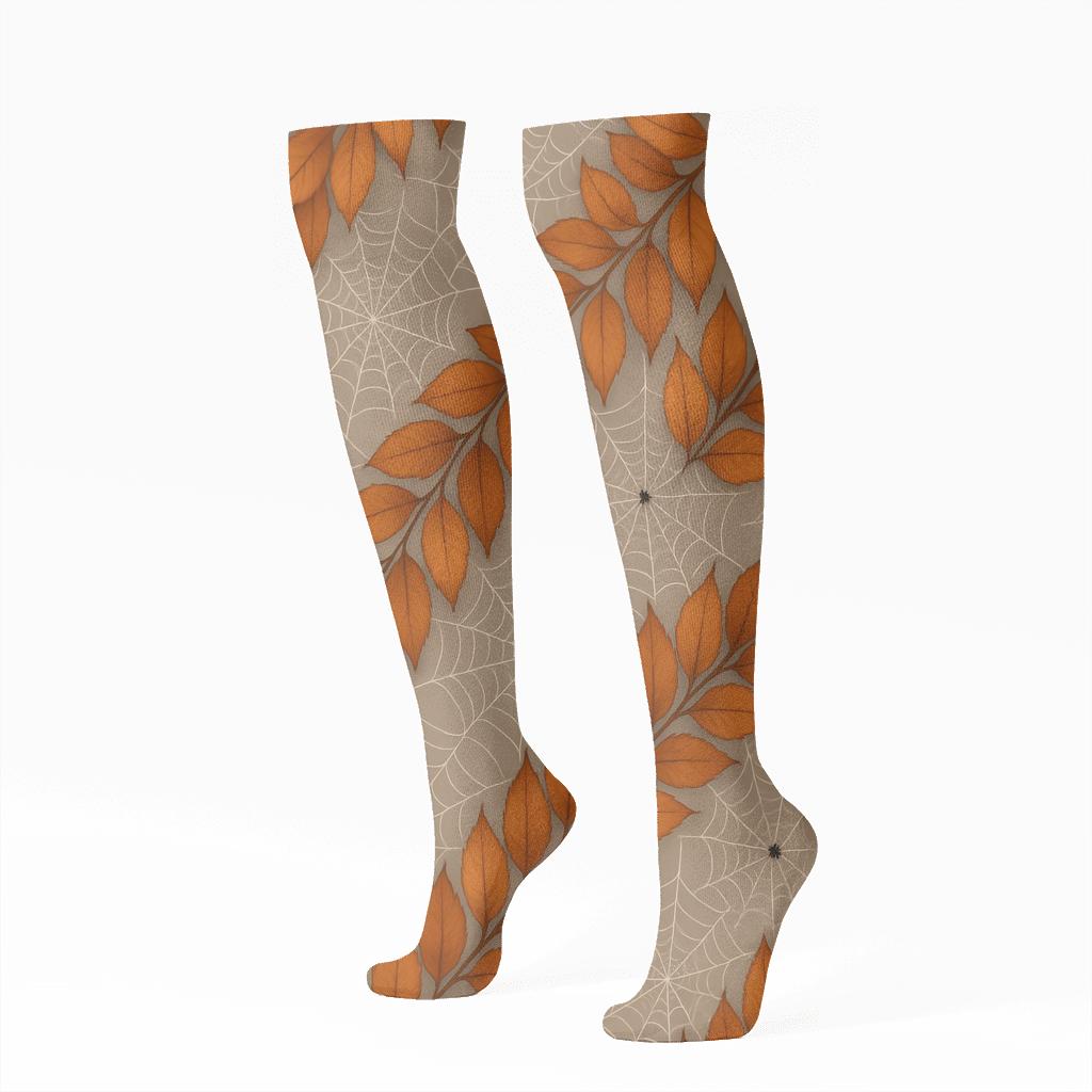Autumn Leaf And Spider Web Diagonal Weave On Neutral Background unique graphic knee-high socks