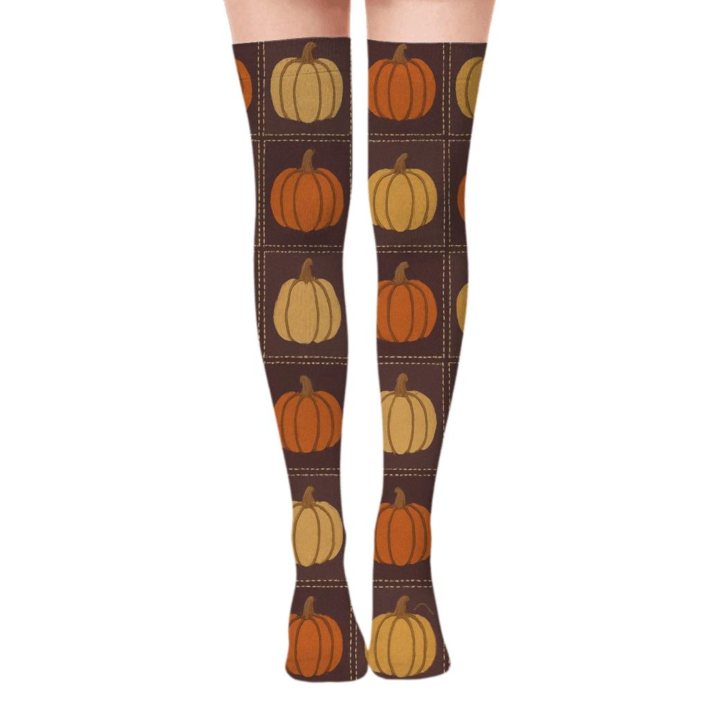 Patchwork Pumpkin Quilt Grid On Deep Plum unique graphic over-the-knee socks