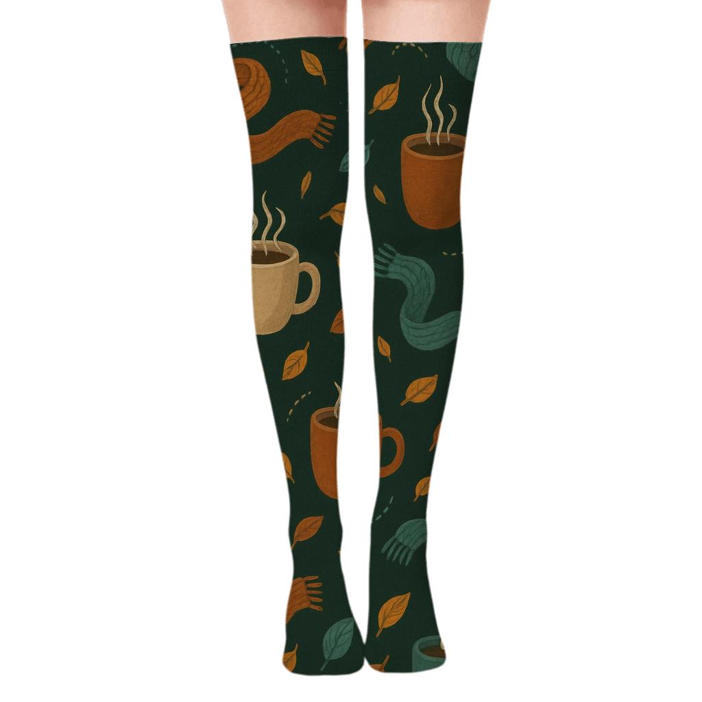 Woodland Coffee And Scarf Scatter On Dark Forest Green stylish fashion over-the-knee socks