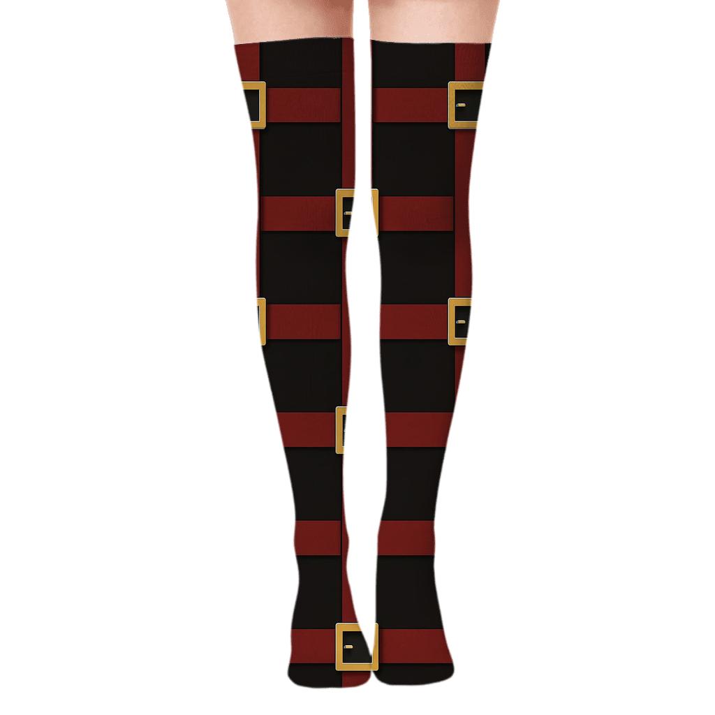 Crimson Belt Grid With Santa Buckle Accents designer print over-the-knee socks