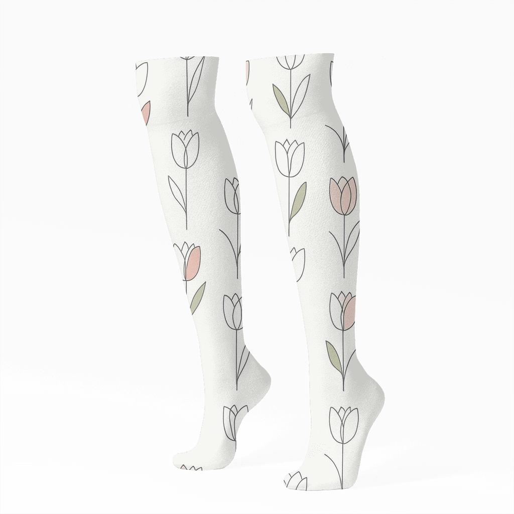 Minimalist Tulip Silhouette Grid On White soft everyday knee-high socks