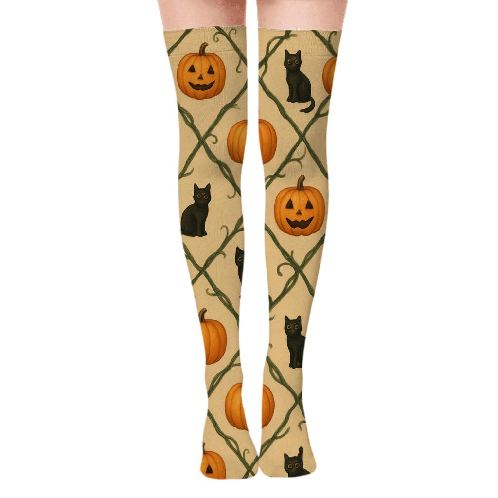 Winding Pumpkin Vine Lattice On Neutral Background trendy patterned over-the-knee socks