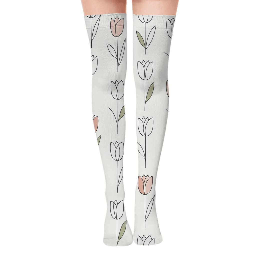 Minimalist Tulip Silhouette Grid On White unique graphic over-the-knee socks