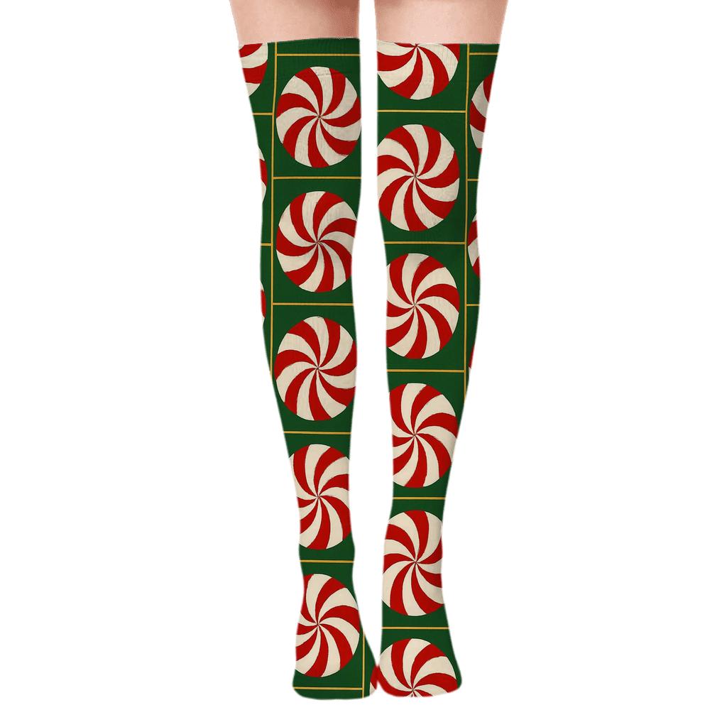 Striped Candy Cane Holiday Spiral Tiles trendy patterned over-the-knee socks
