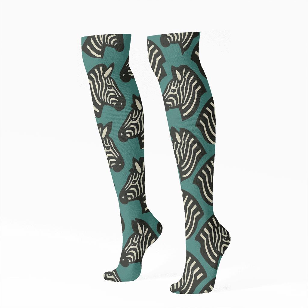 Teal Glow Zebra Head Tile Matrix soft everyday knee-high socks