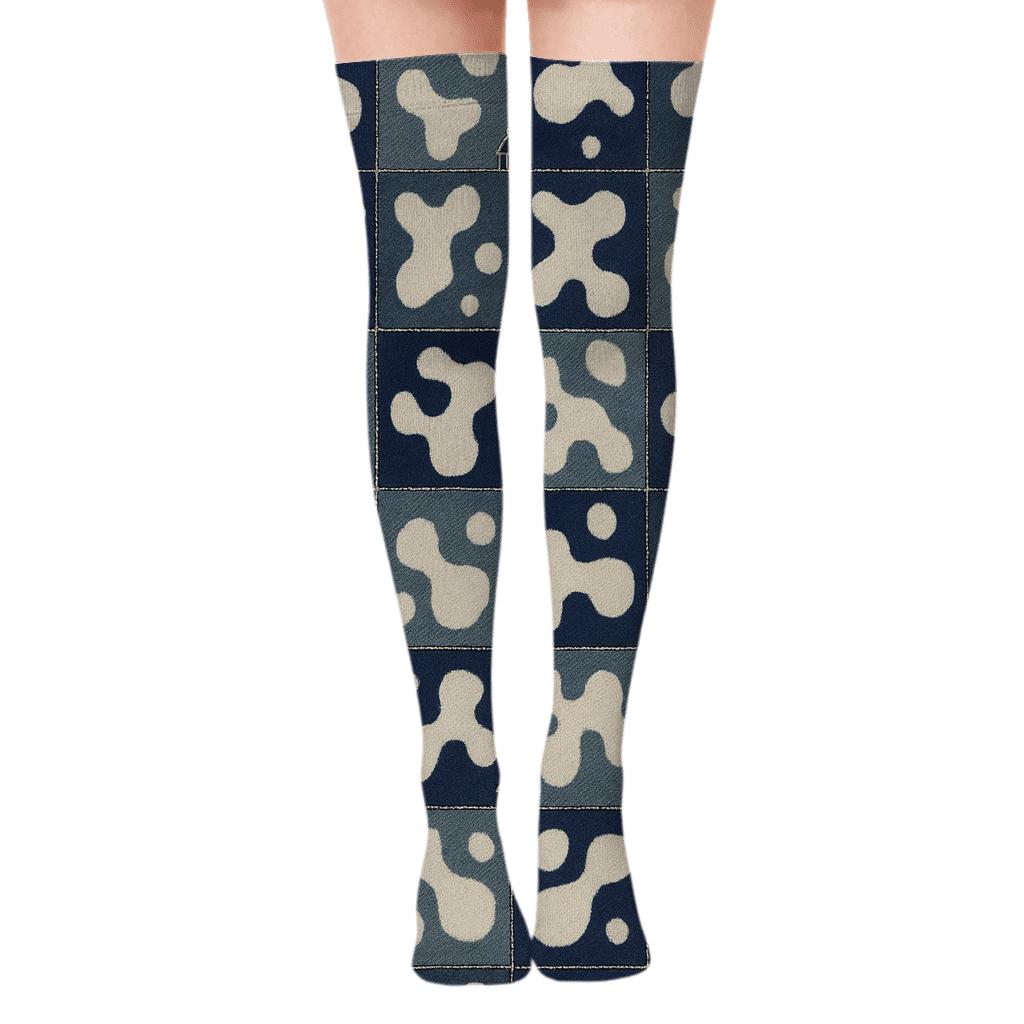 Warped Denim Cow Spot Patchwork Galaxy soft everyday over-the-knee socks
