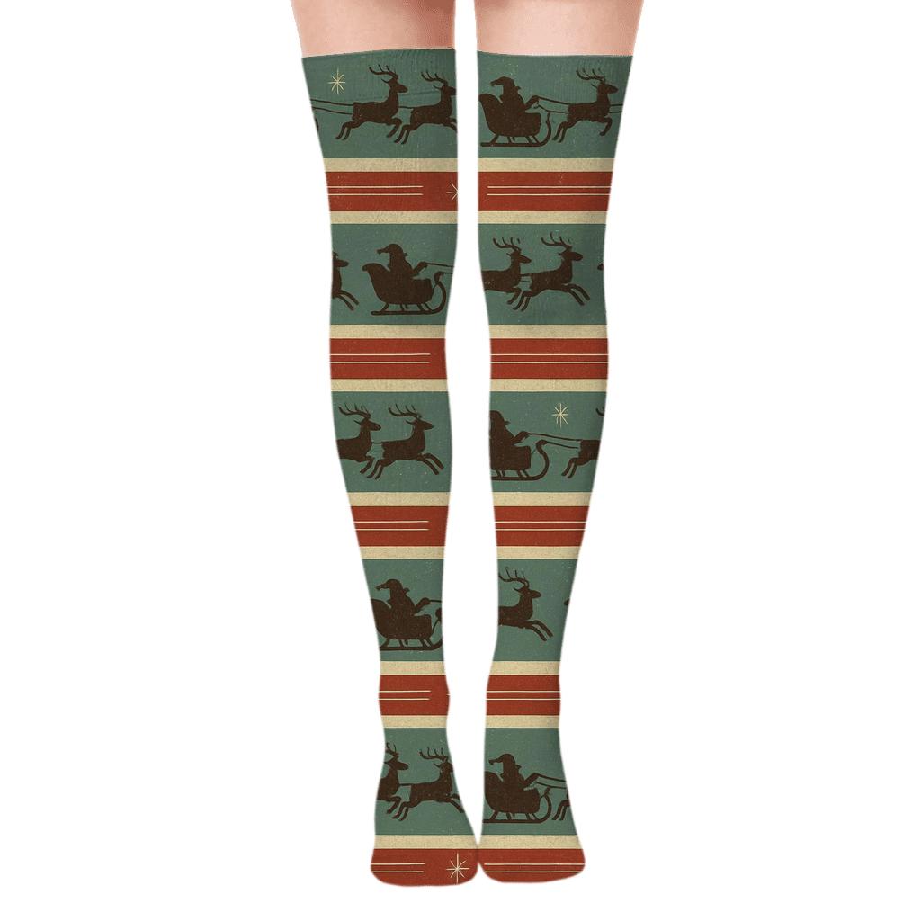Retro Santa Sleigh Xmas Band Poster Look soft everyday over-the-knee socks