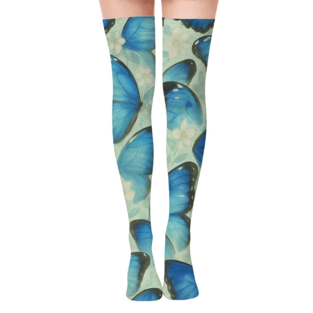 Blue Morpho Wing Mosaic Garden designer print over-the-knee socks