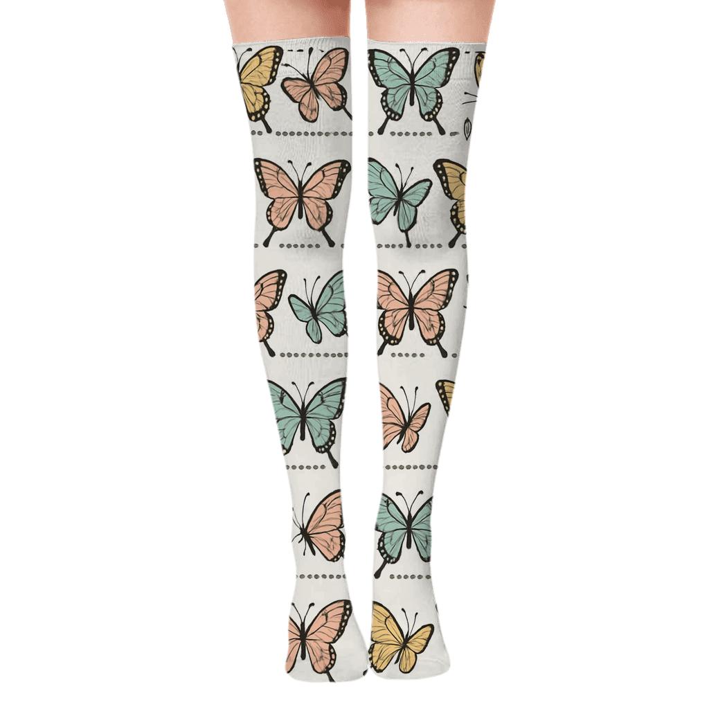 Swallowtail Parade Border On Pastel Sky designer print over-the-knee socks