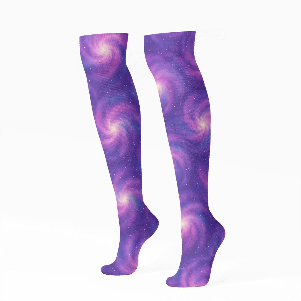 Nebula Bloom Watercolor Swirl On Cosmic Purple personalized knee-high socks