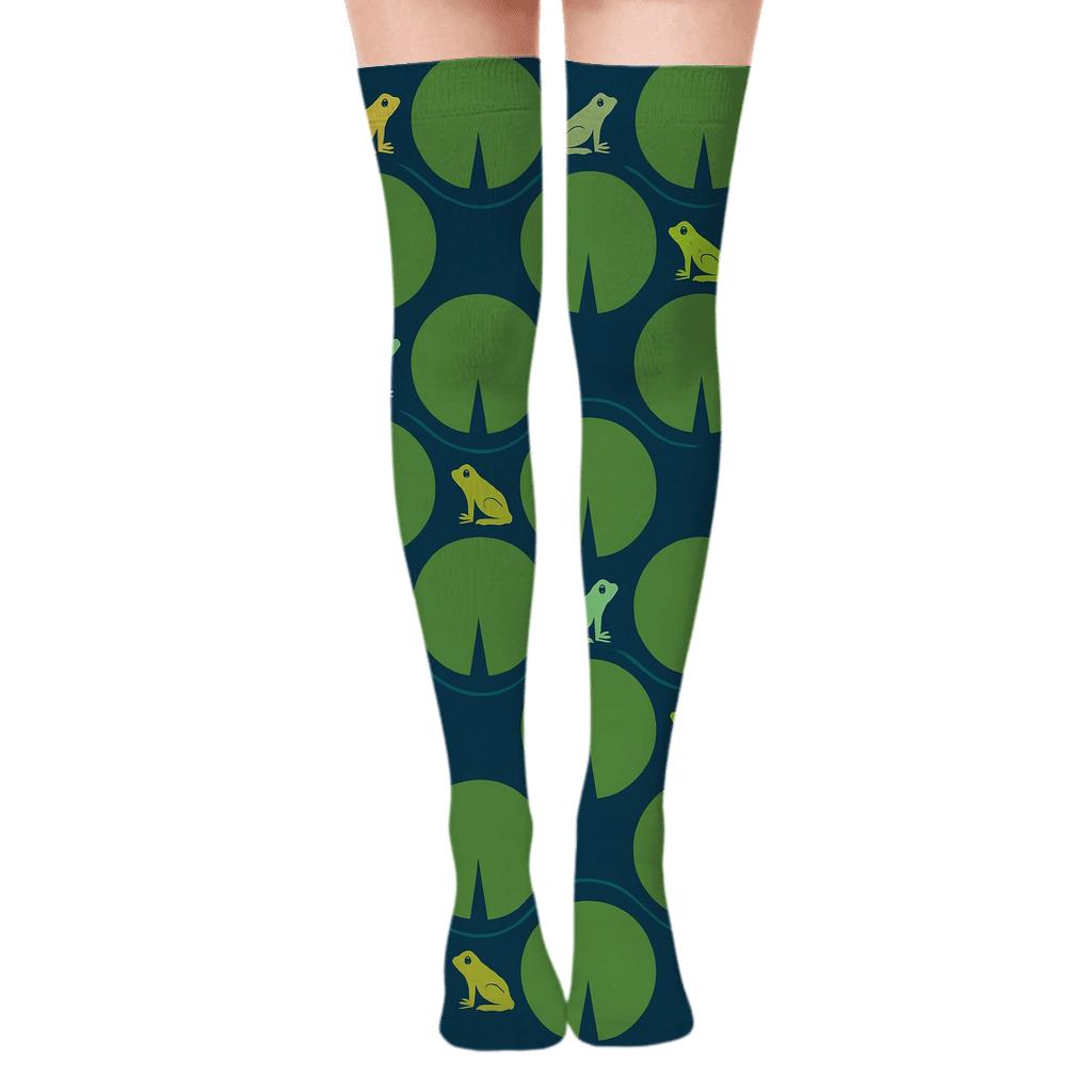 Emerald Lily Pad Lattice With Tiny Tree Frogs designer print over-the-knee socks