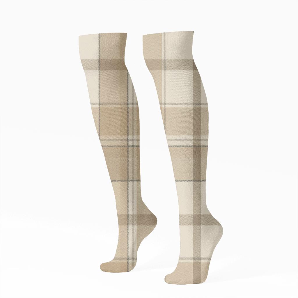 Layered Neutral Tartan Panels unique graphic knee-high socks
