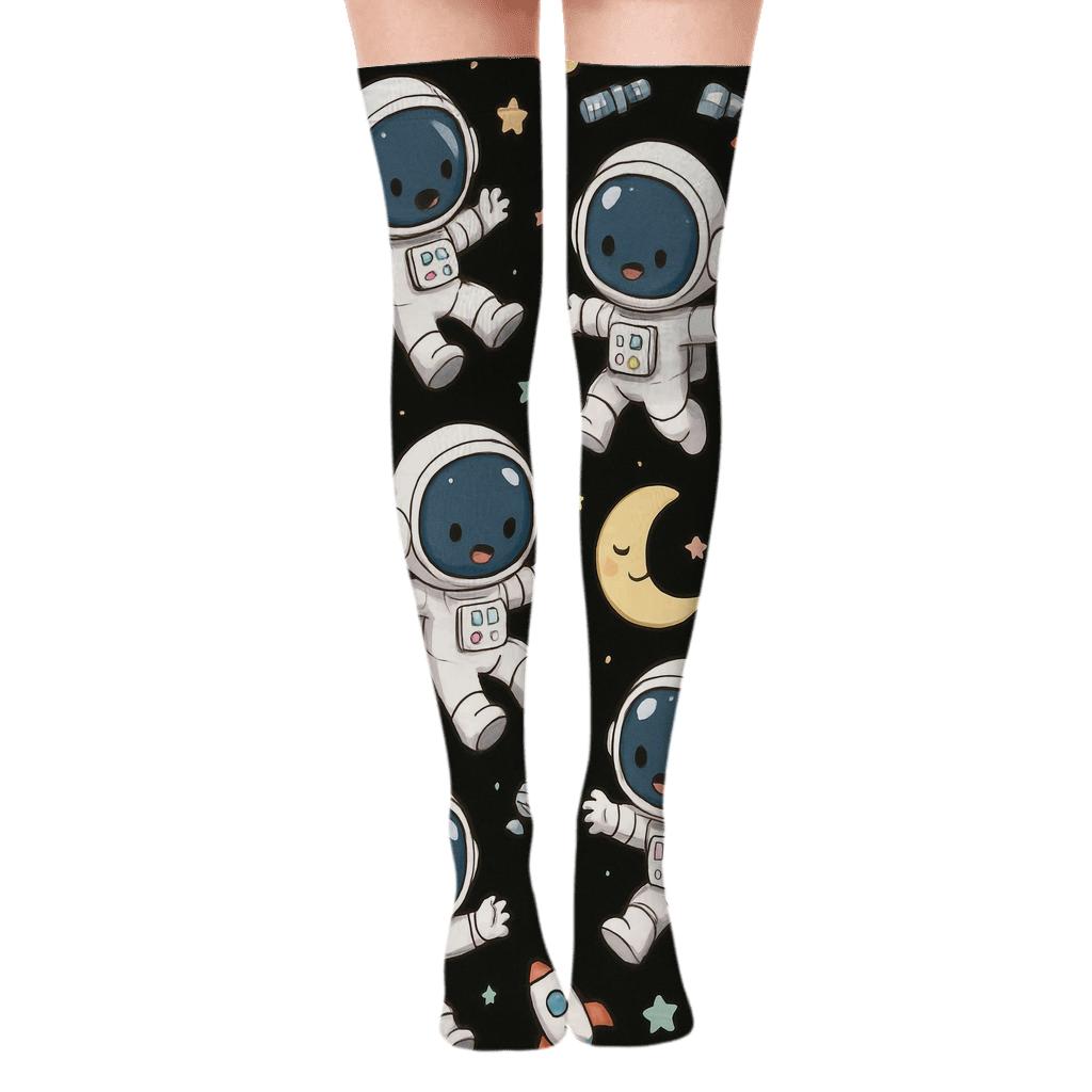 Playful Astronaut Drift Scatter On Starlit Black designer print over-the-knee socks