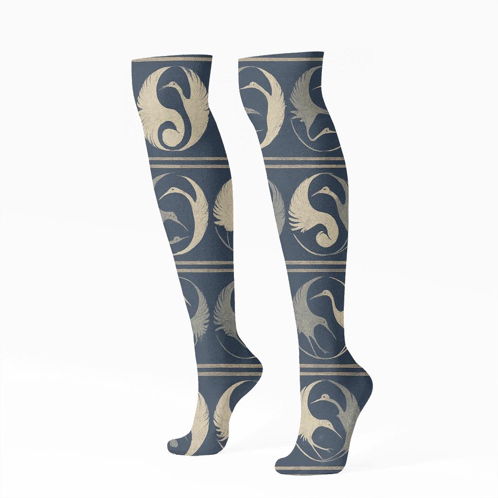 Indigo Dual Crane Border Bands custom knee-high socks