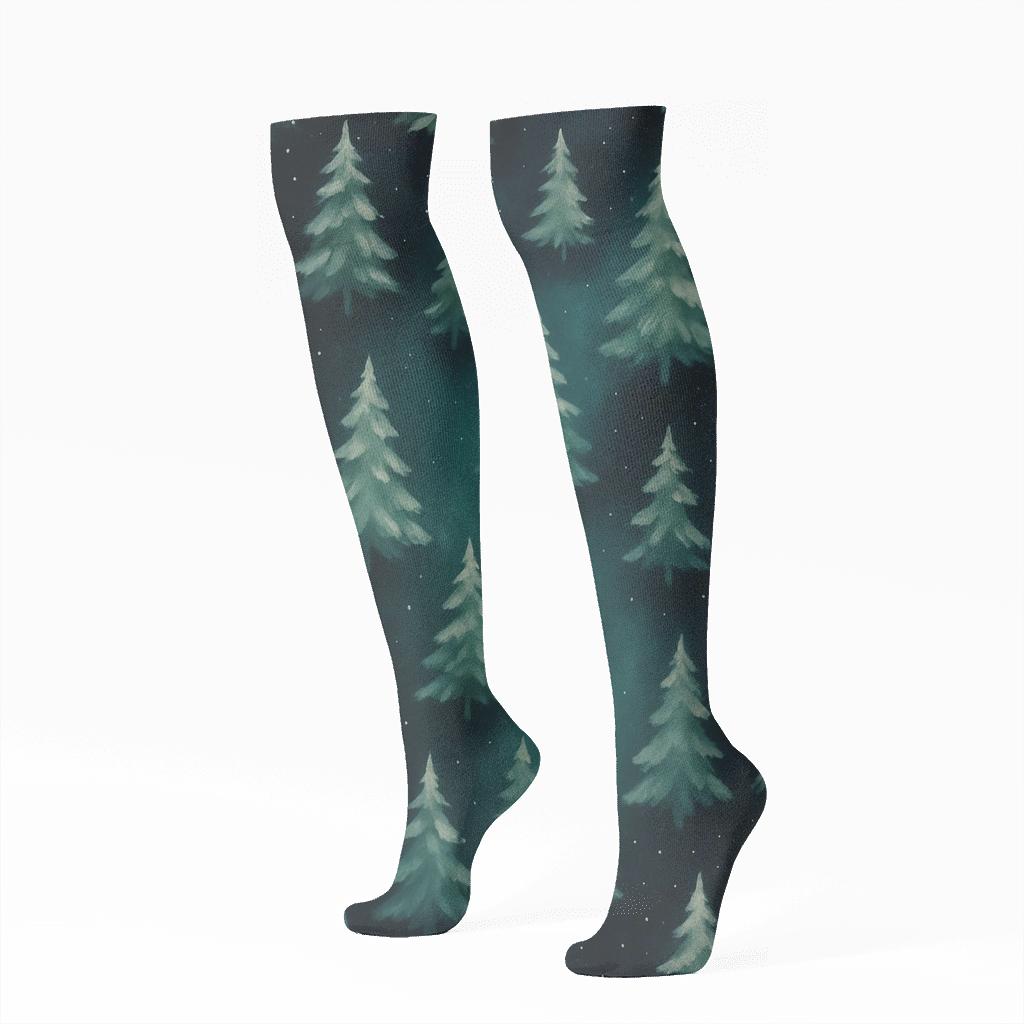 Christmas Tree Aurora Silhouette Scatter premium sports knee-high socks