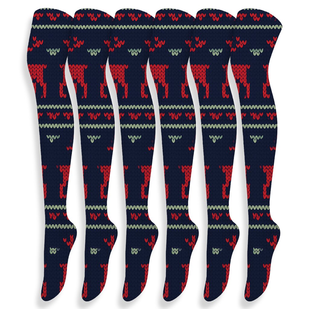 Christmas Nordic Reindeer Bands On Midnight Knit premium cozy over-the-knee socks