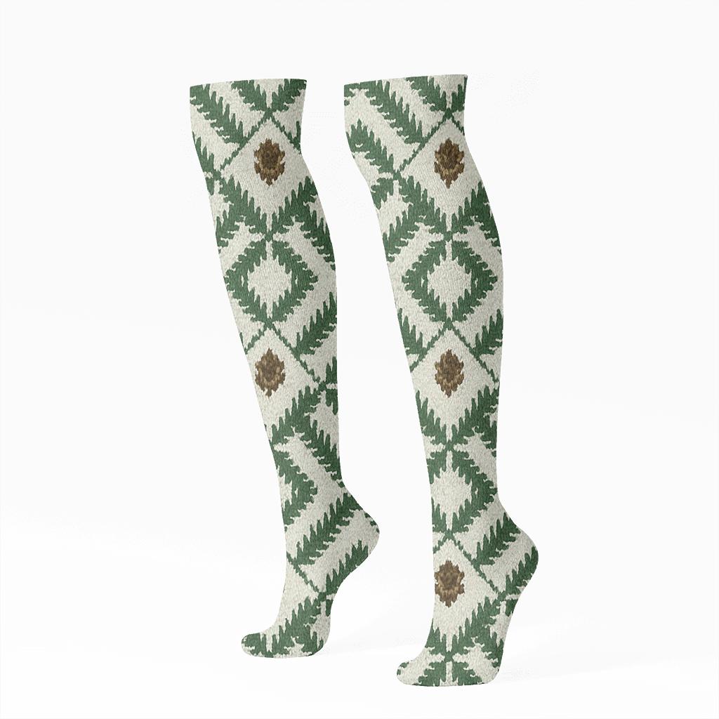 Evergreen Branches Winter Lattice designer print knee-high socks