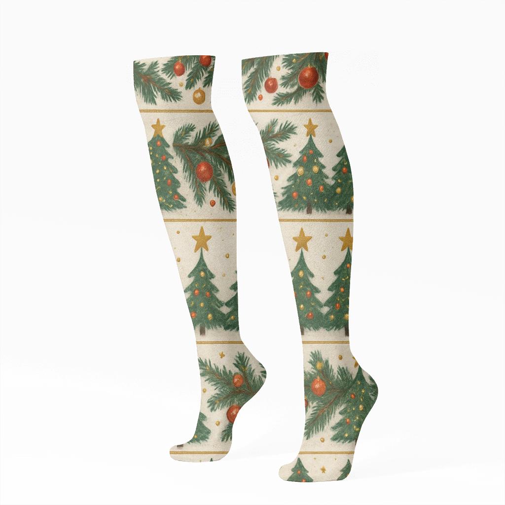 Starlit Gift Wrap Pattern Christmas Tree Edition designer print knee-high socks