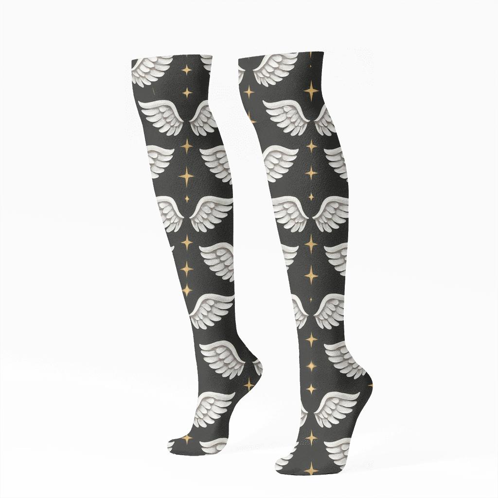 Star-Linked Angel-Wing Grid comfortable cotton knee-high socks