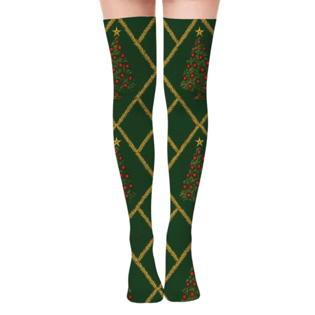 Golden Garland Lattice Christmas Tree Pattern stylish fashion over-the-knee socks