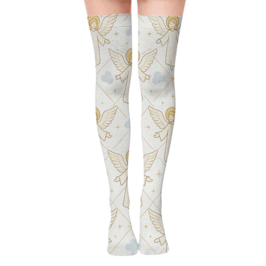 Angel Cloud Lattice In Soft Gold trendy patterned over-the-knee socks