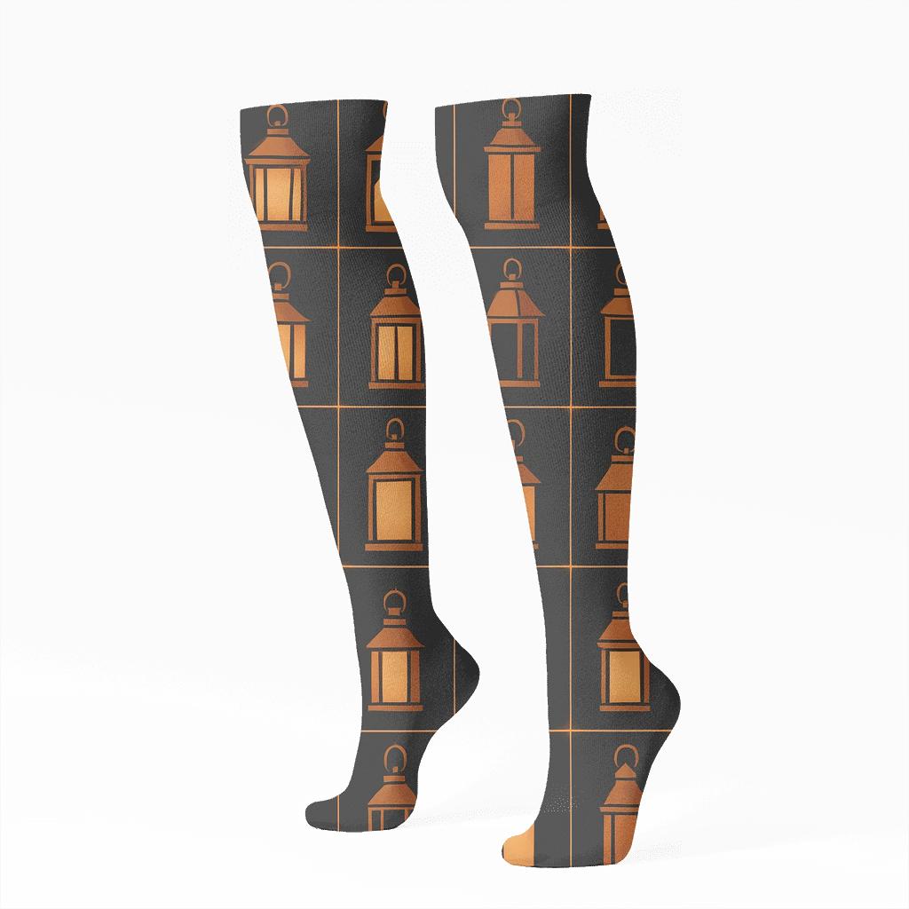 Moonlit Street-Lantern Mosaic Grid stylish athletic knee-high socks