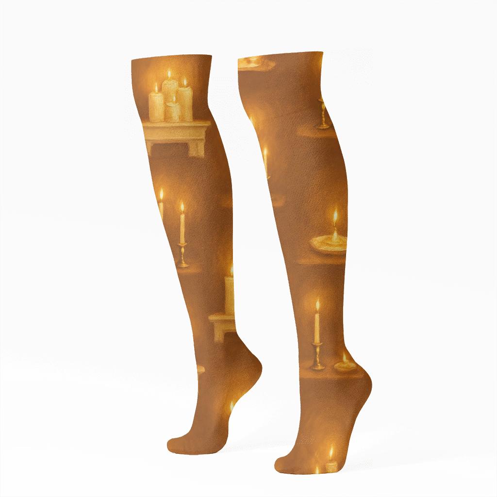 Mantel Rhythm In Soft Glow Candle Pattern designer print knee-high socks