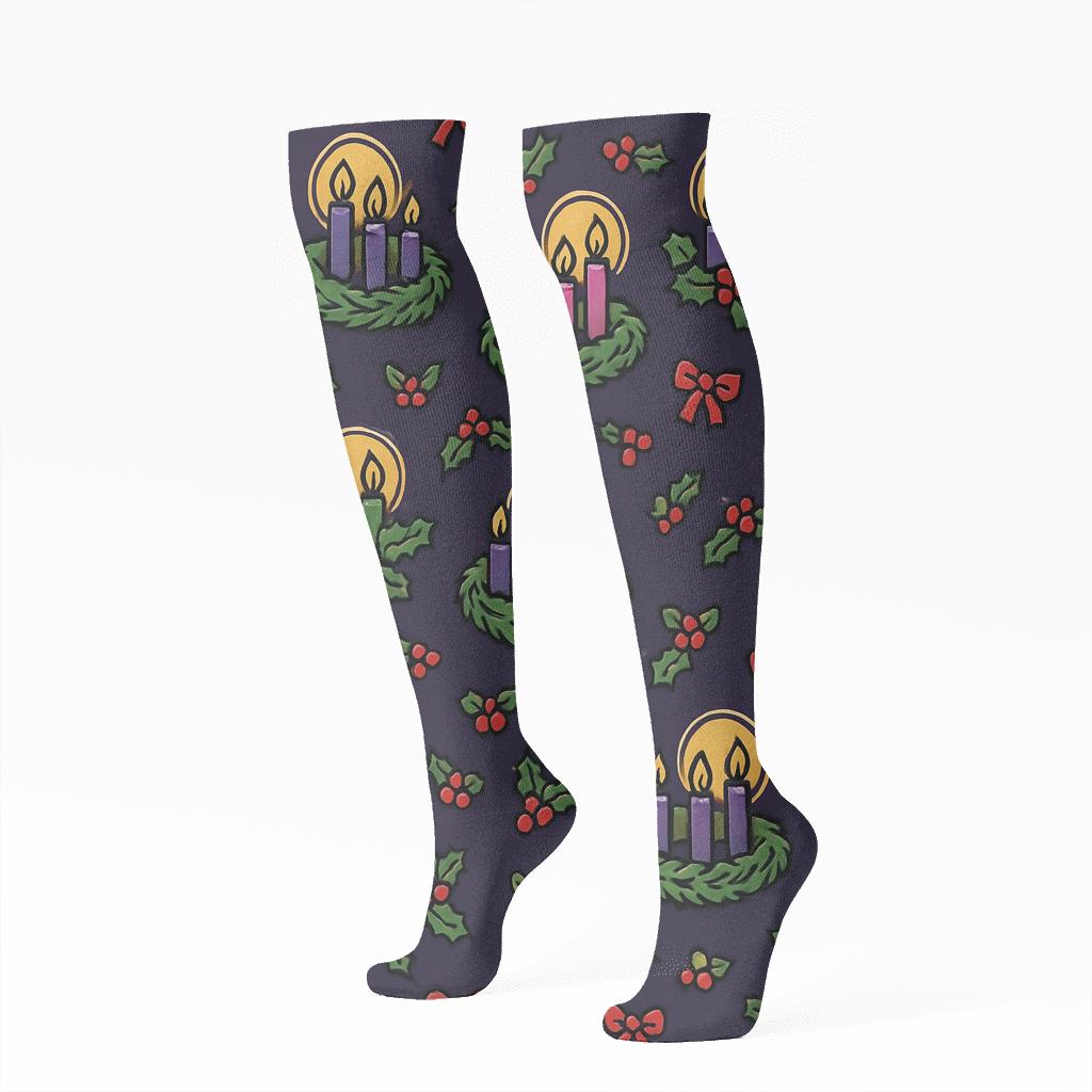 Midnight Halo Ring Pattern With Advent Wreath Motifs unique graphic knee-high socks