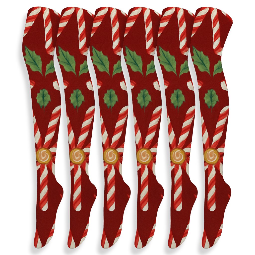 Candy Canes Starburst Carousel On Deep Red designer print over-the-knee socks