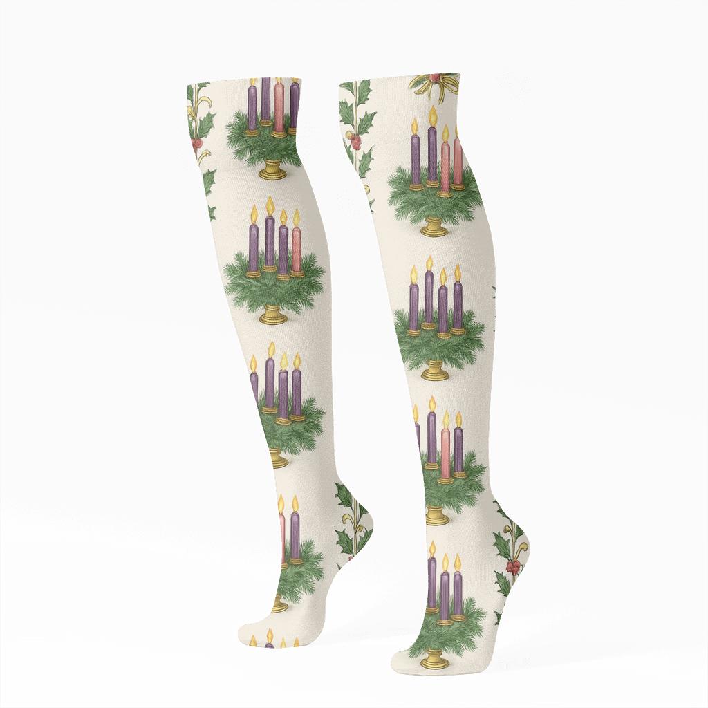 Wreath Ribbon Stripe Advent Candles Edition soft everyday knee-high socks