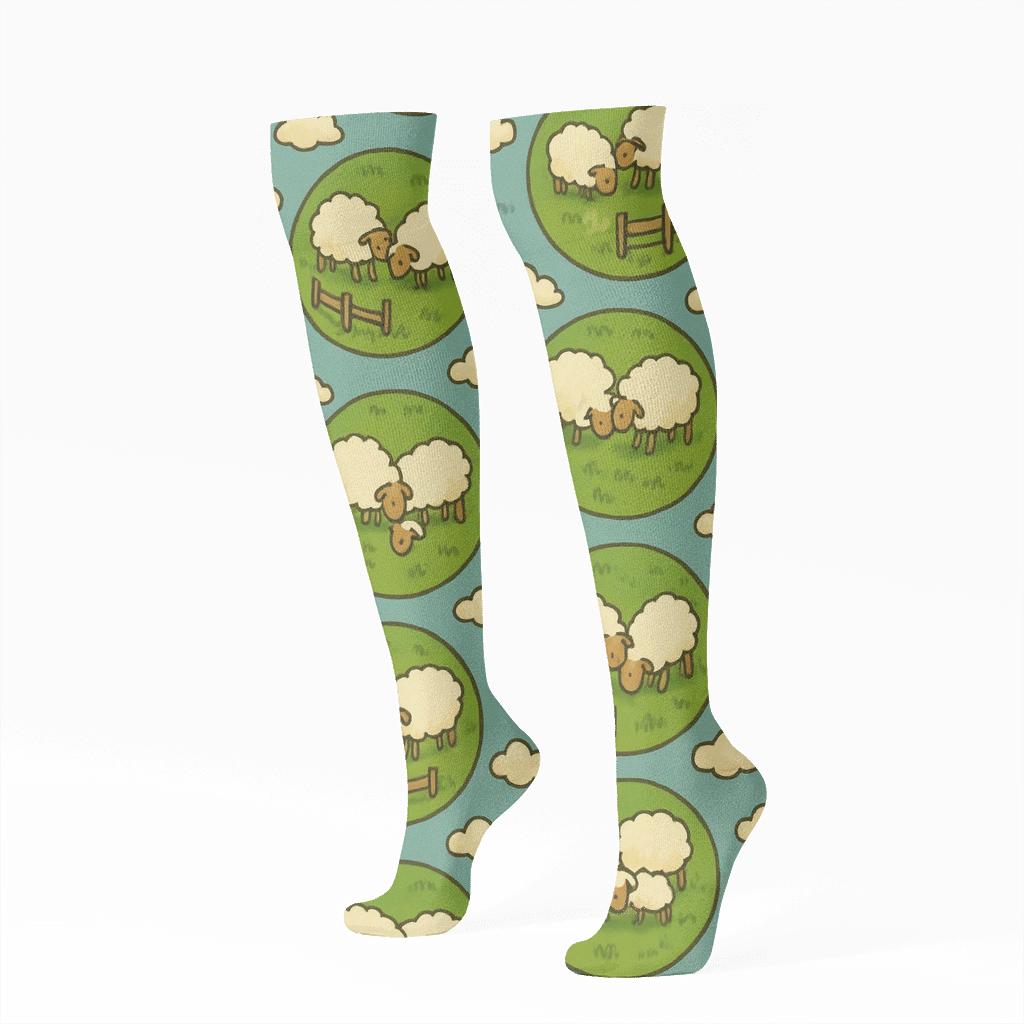 Meadow Orbit Pattern With Sheep Motifs unique graphic knee-high socks