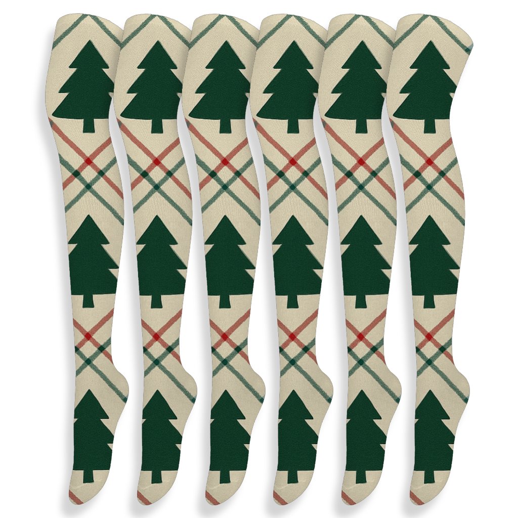 Plaid Overlay Xmas Tree Silhouettes stylish fashion over-the-knee socks