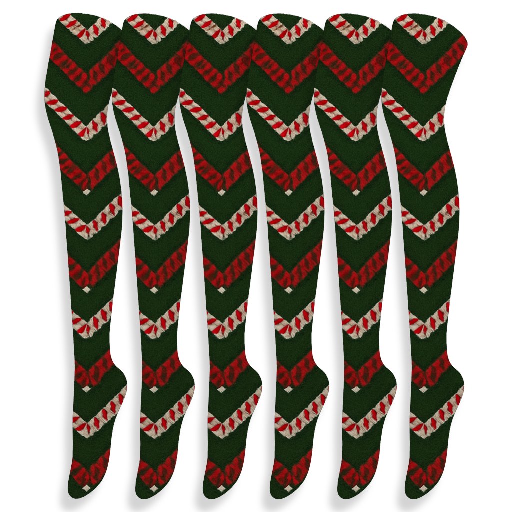 Twisted Cane Chevron With Candy Canes Highlights trendy patterned over-the-knee socks