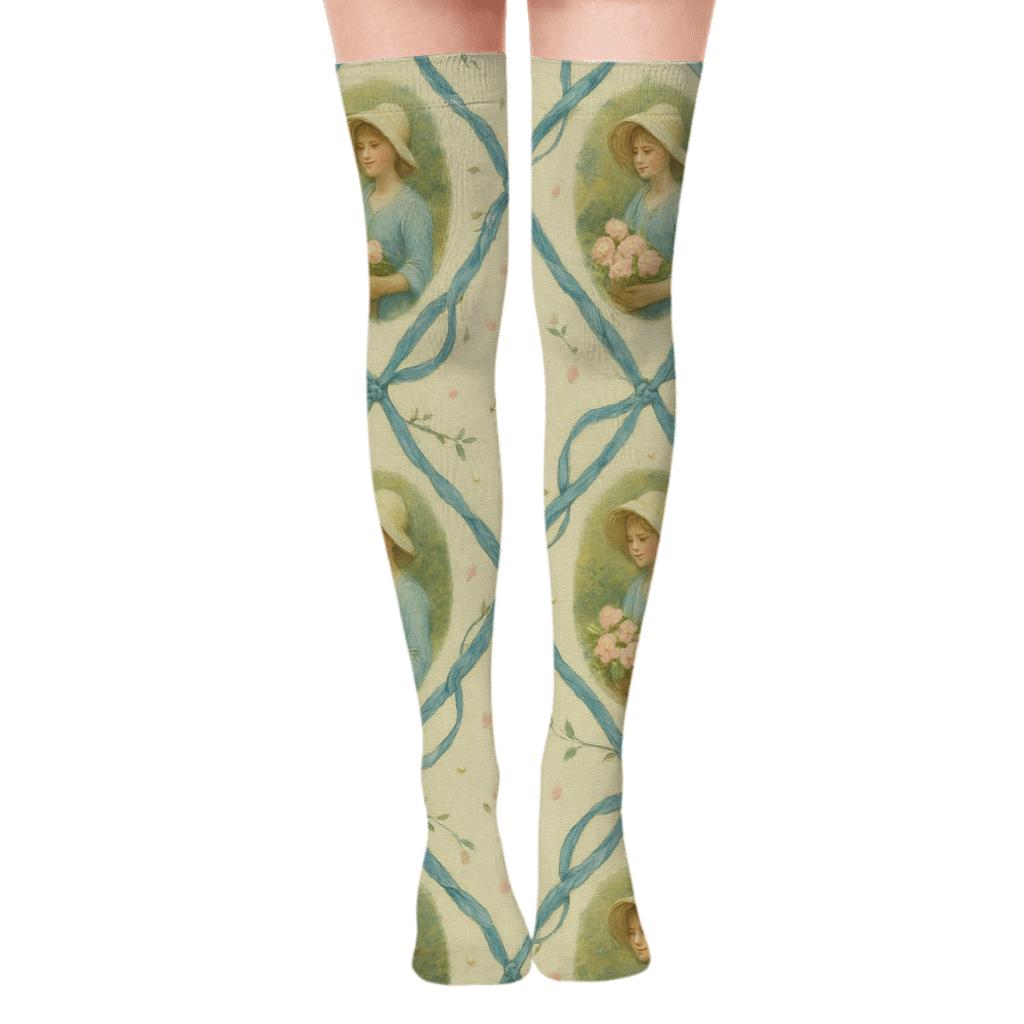 Pastoral Bonnet Trellis Pattern Mary Edition unique graphic over-the-knee socks