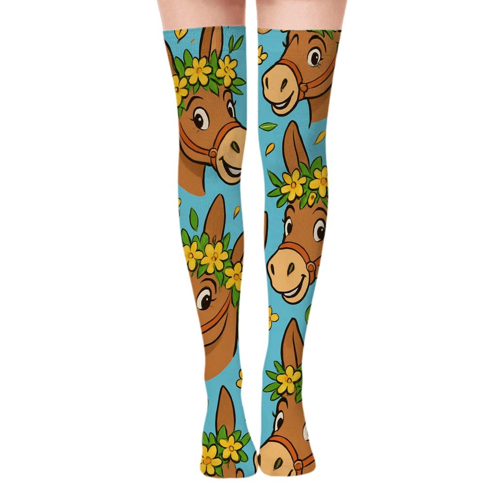 Flower Crown Parade In Donkey Charm designer print over-the-knee socks