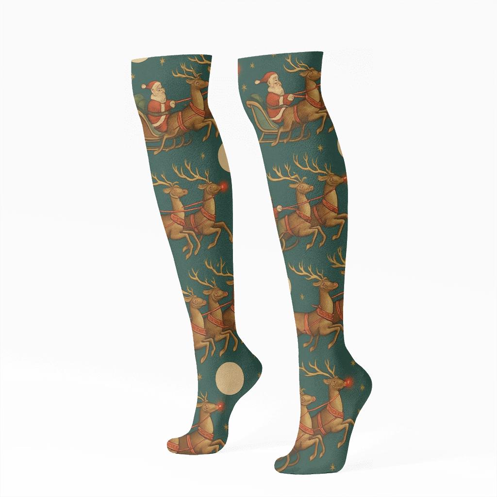 Starlit-Sleigh Rudolph Flight Tessellation stylish athletic knee-high socks