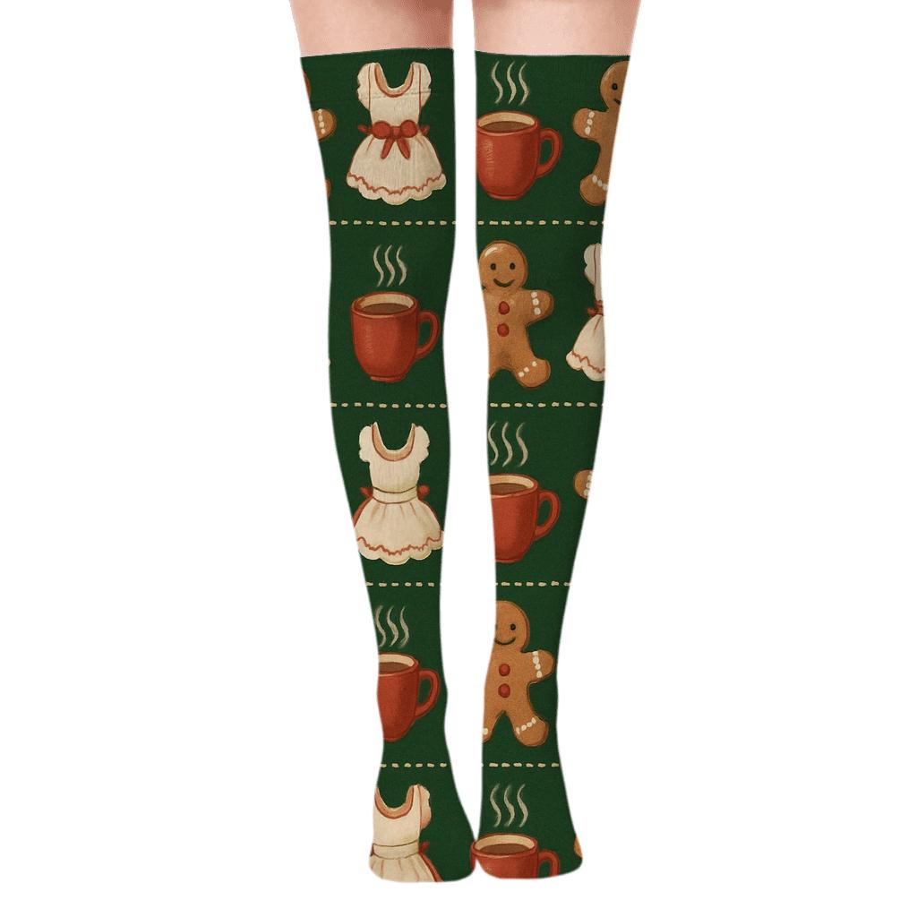 Gingerbread Garland Bands With Mrs. Claus Charm designer print over-the-knee socks