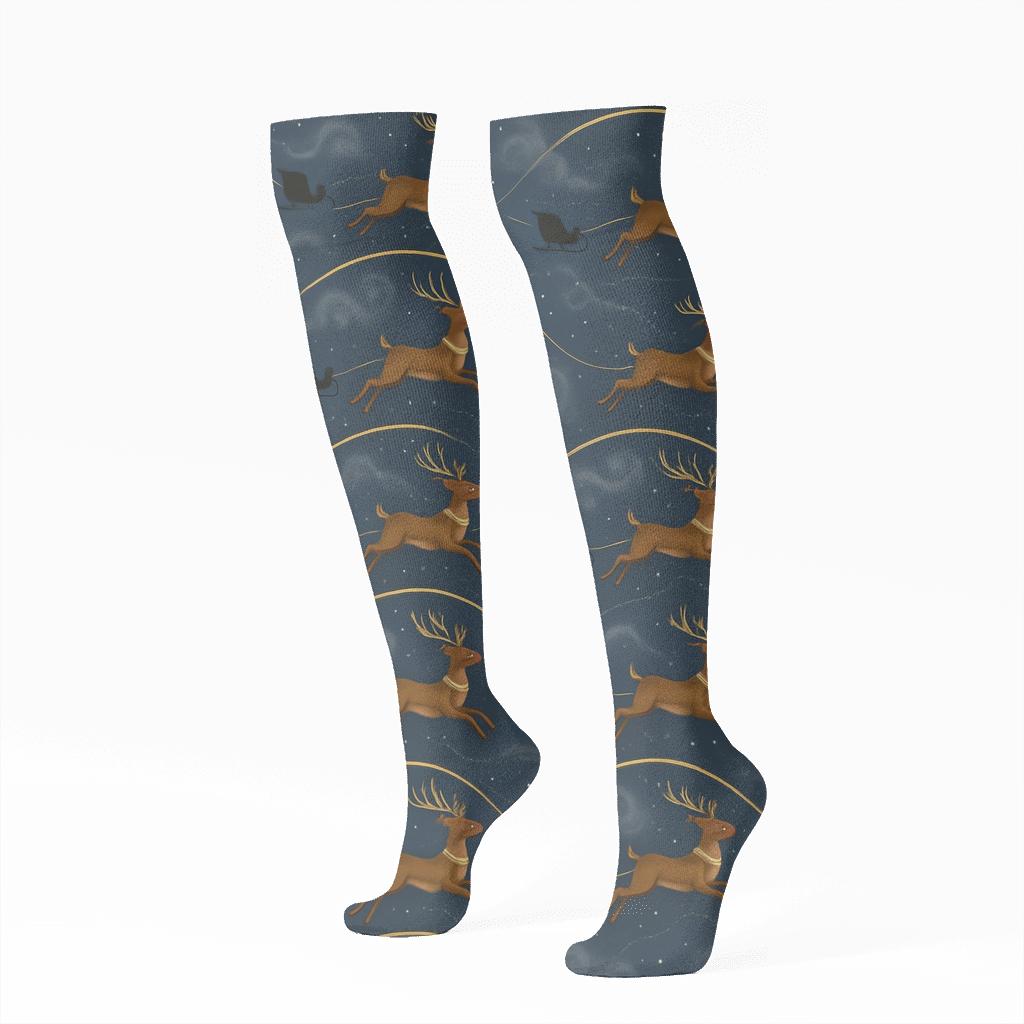 Golden Sleigh Trail Reindeer Pattern designer print knee-high socks