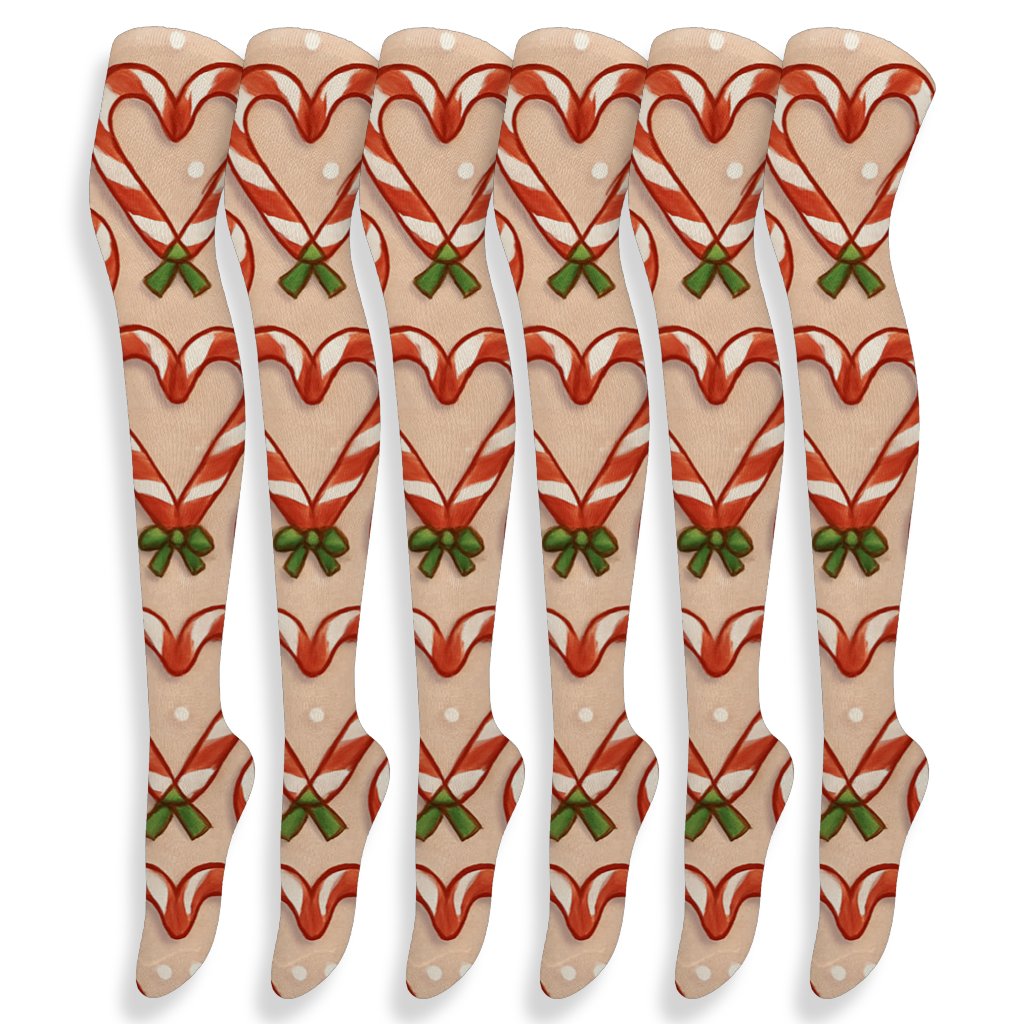Candy Cane Heart Holiday Tessellation designer print over-the-knee socks