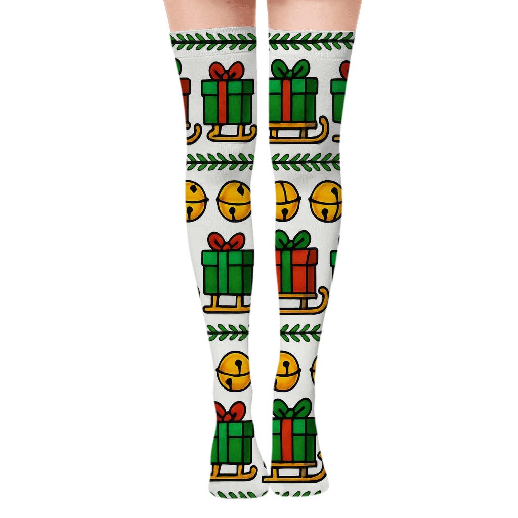 Gift Trail With Sleigh Bells Stripe premium cozy over-the-knee socks