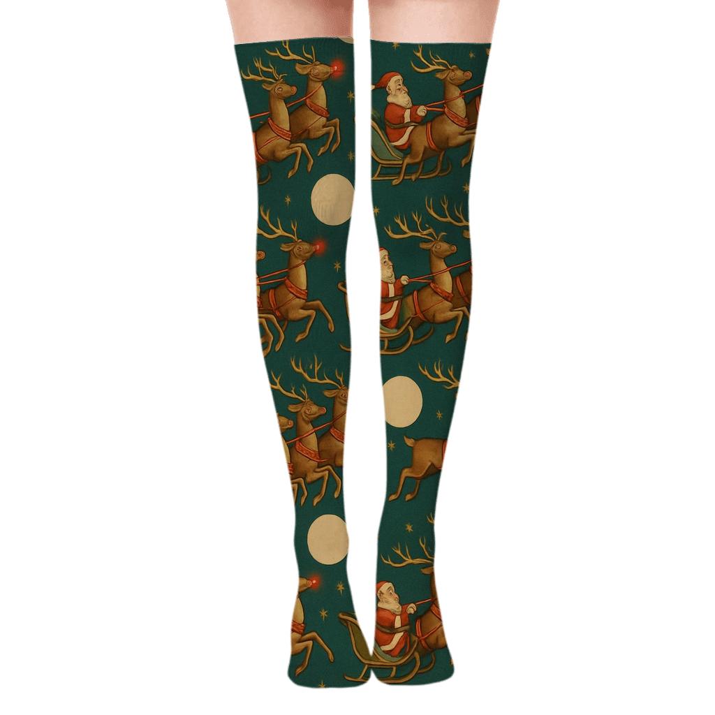 Starlit-Sleigh Rudolph Flight Tessellation unique graphic over-the-knee socks