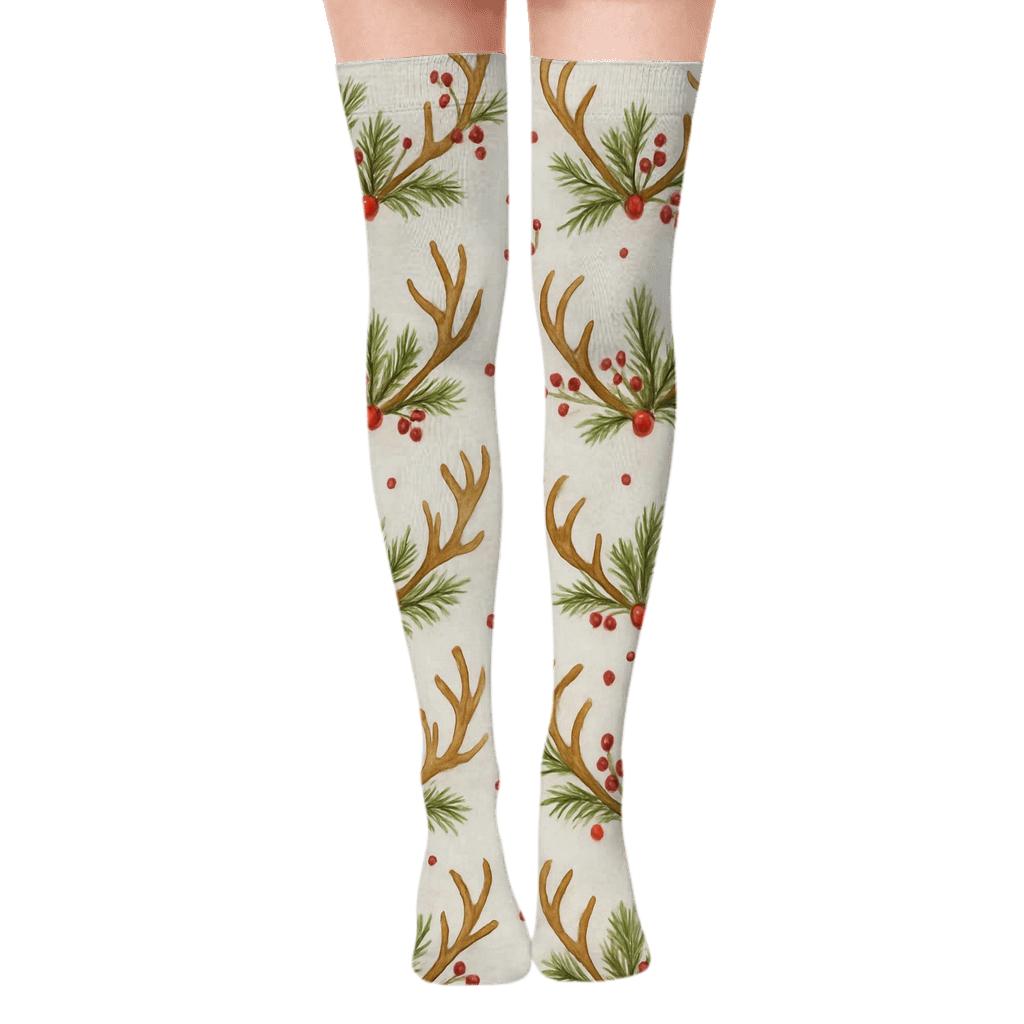 Antler Crown Garland Rudolph Edition designer print over-the-knee socks