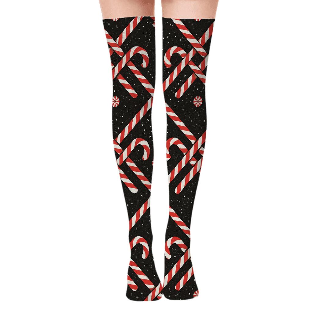 Candy Canes Winter Lattice On Midnight Black premium cozy over-the-knee socks