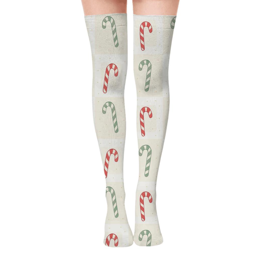 Peppermint Grid With Candy Canes Motifs trendy patterned over-the-knee socks
