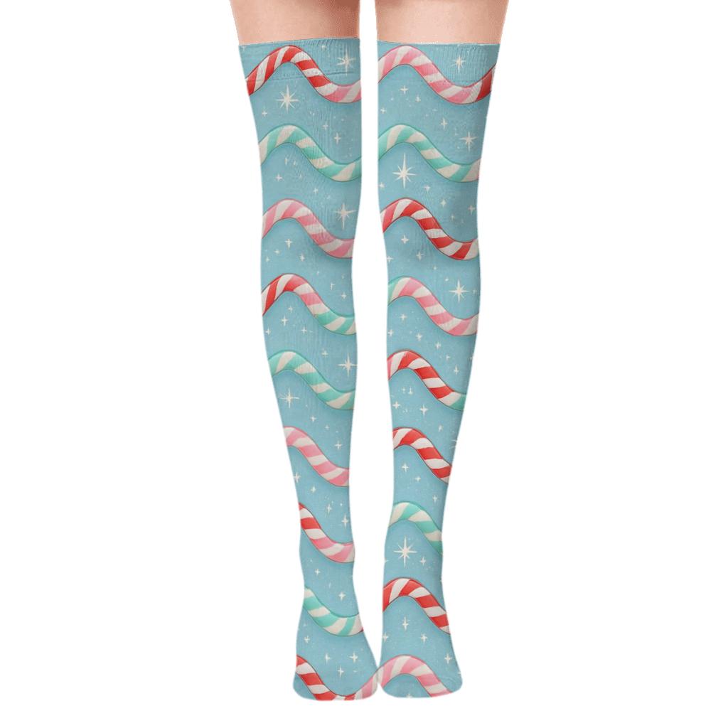 Icy Garland Pattern Candy Canes premium cozy over-the-knee socks