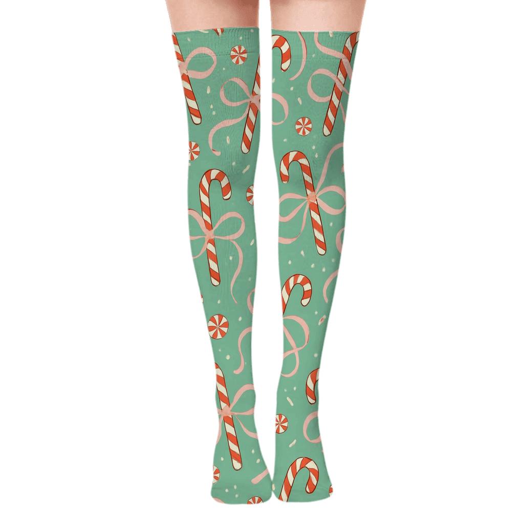 Mint Ribbon Toss Candy Canes designer print over-the-knee socks