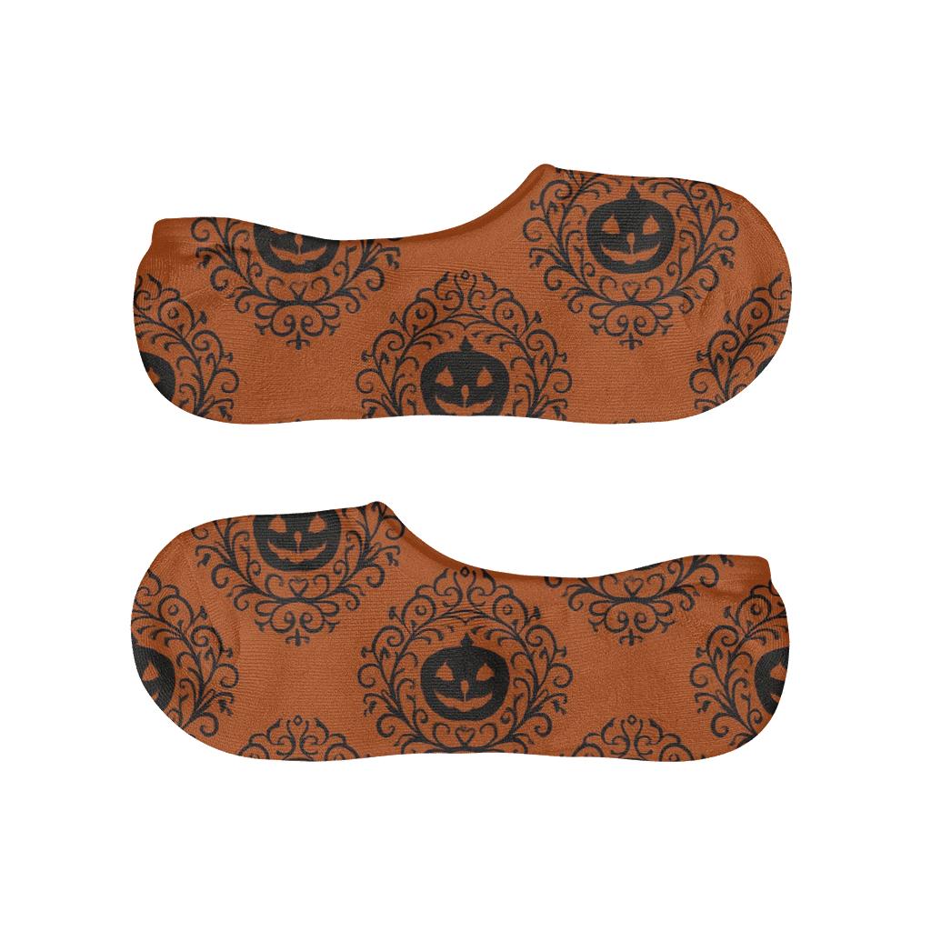 Haunted Pumpkin Vine Medallions On Orange Background designer print no-show socks