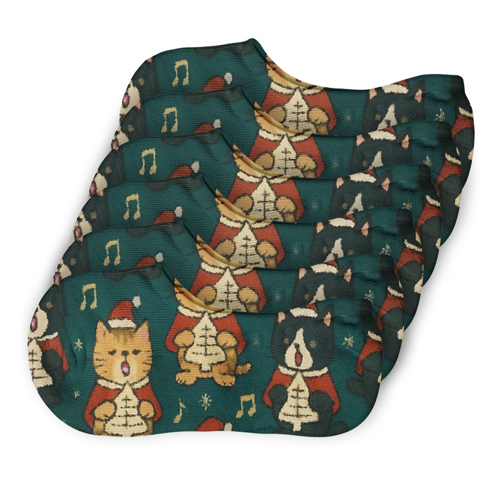 Christmas Carol Choir Cats Grid On Midnight Green anti-slip no-show socks
